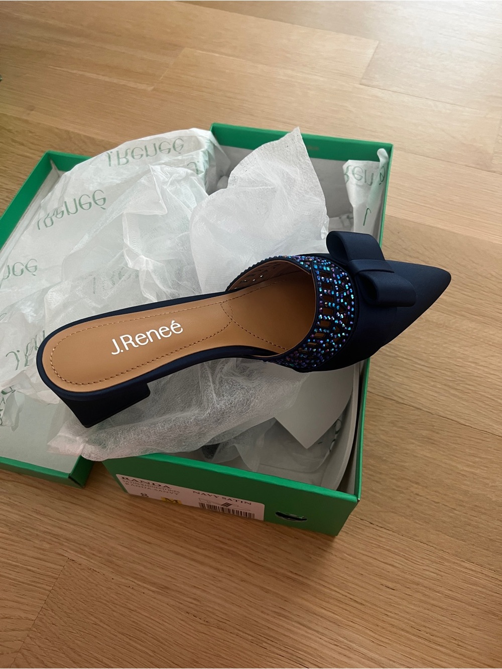 J.Renee Navy Pointed Bow Mule with Blue Iridescent Embellishment